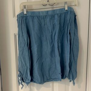 Light Blue Off-Shoulder Cotton Blend Shirt